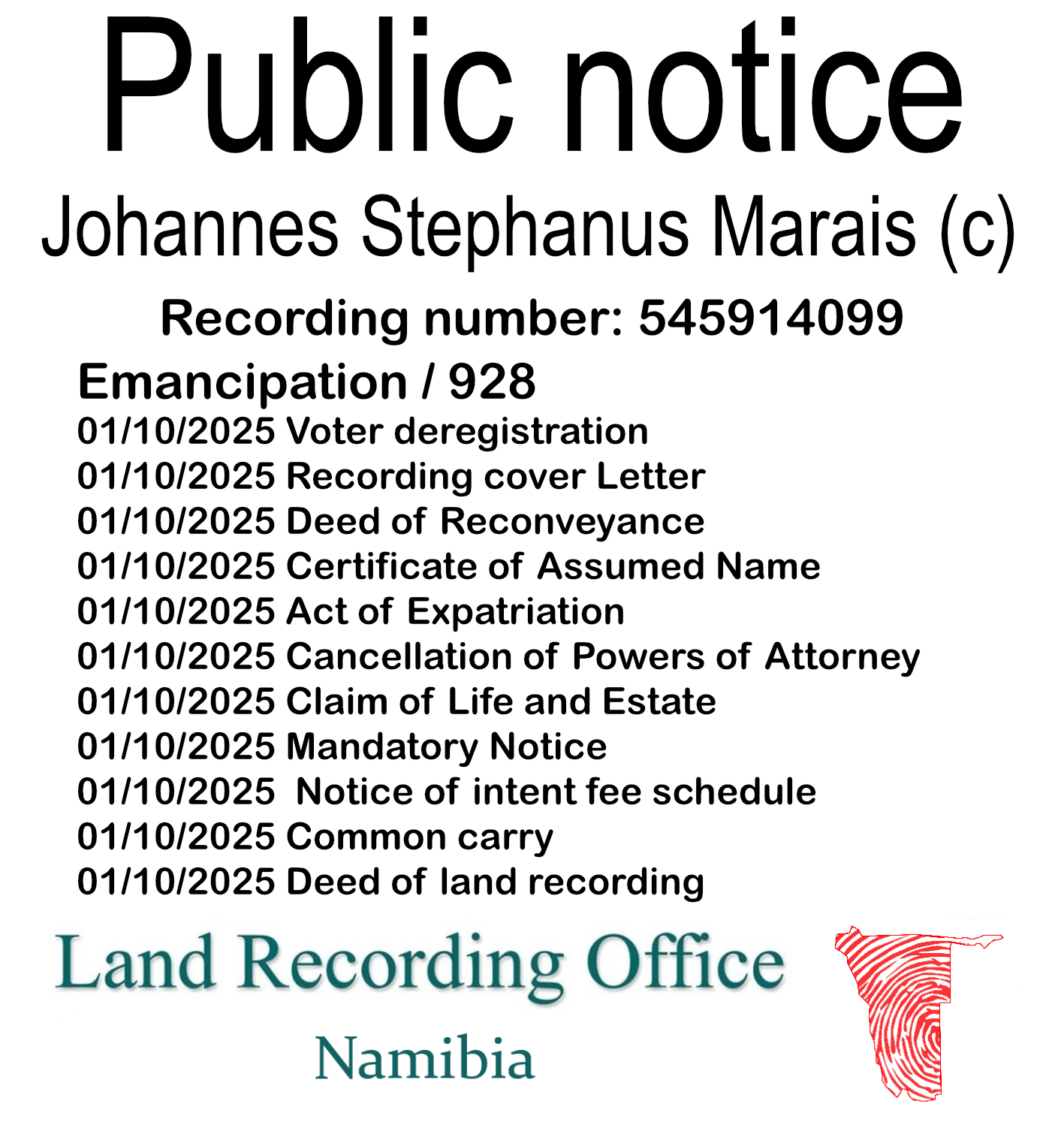 Public notice Johannes Stephanus Marais Recording number 545914099